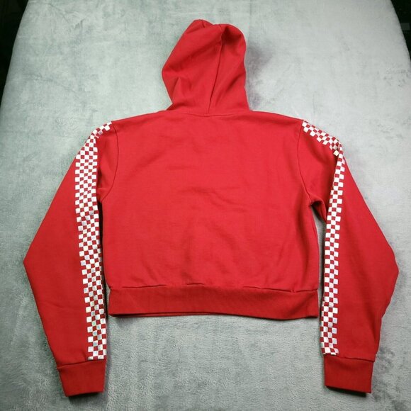 Vans Womens Crop Hoodie Small Red Long Sleeve Silver Classic Checkerboard Pocket - Picture 3 of 5